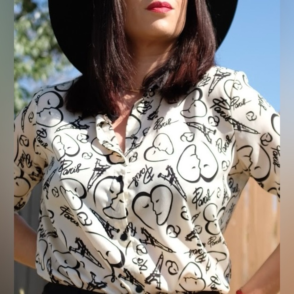 Catherine Malandrino | Paris Print Snap- Button Down Shirt in Cream/Black Medium